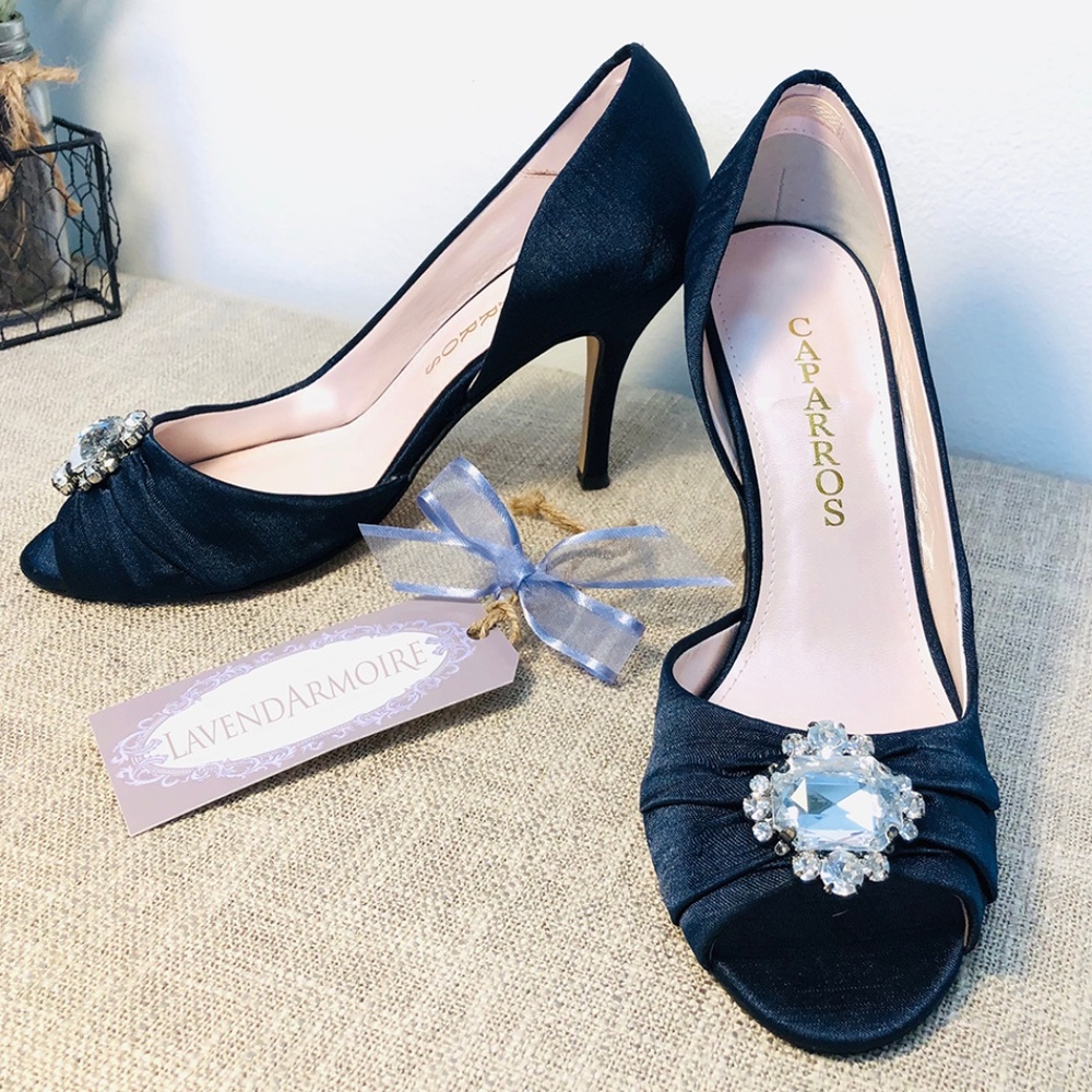 Caparros I Navy Silk Jeweled Peep Toe Heels